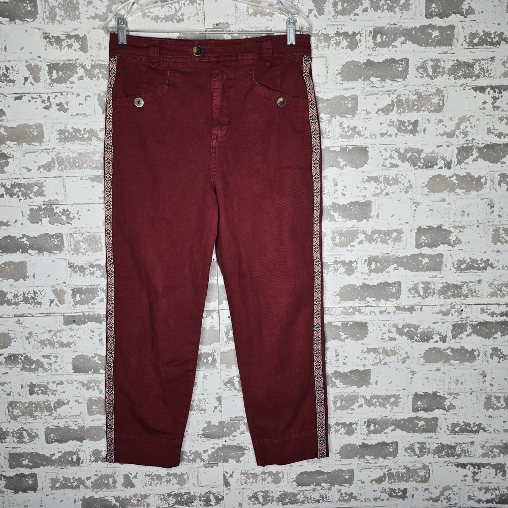 Anthropologie Pants Womens 6 Brick Red Tuxedo Stripe Aztec Crop Cotton‎ Stretch
